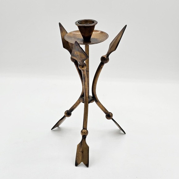 Single Bronze Metal Triple Arrow Candle Holder - Vintage Rustic Decor 8" - Picture 5 of 7